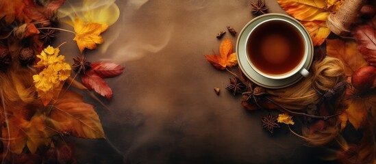The abstract and creative design of the background texture incorporates elements of food, nature, and art, creating a unique Halloween table concept adorned with autumn leaves, floral arrangements