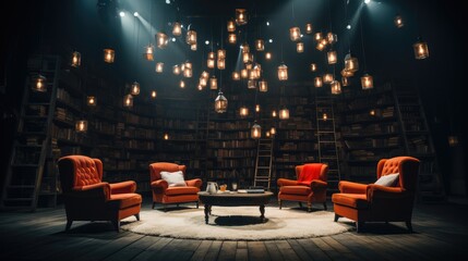 An empty stage with many chairs around it and a number of books on it.