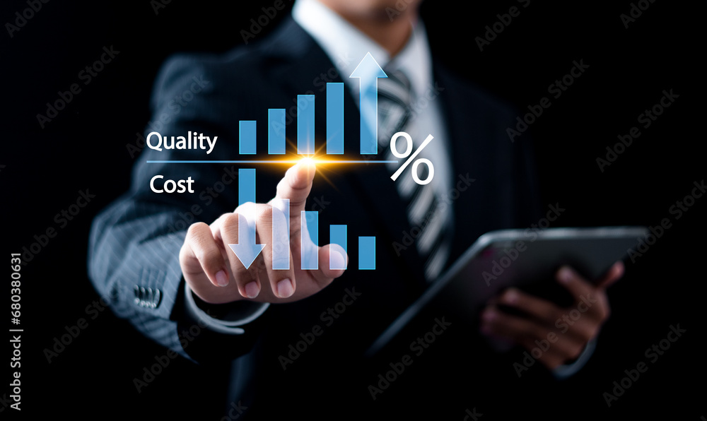 Poster cost and quality control, businessman touching with quality control growth graph and cost reduction.
