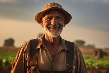 Happy confidence farmer in field at morning light.