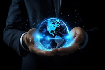 Hand holding touching glowing blue earth hologram on a dark black background. Business and innovative technology concept