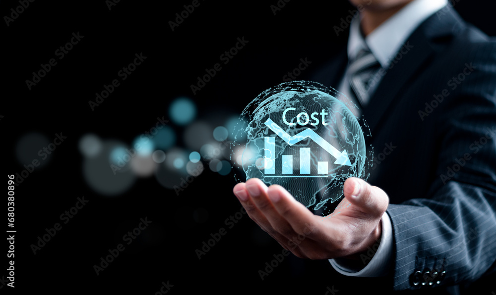 Poster cost reduction concept. businessman holding global network with graph with down arrow icon for budge