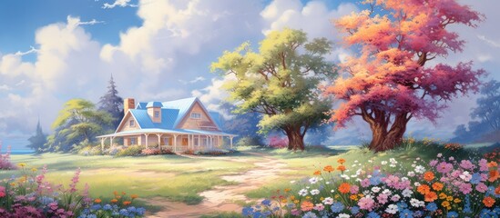 In a breathtaking summer landscape, amidst the vibrant green grass and colorful flowers, a charming house nestled under the shade of a grand tree, complementing the beauty of nature. The sky above