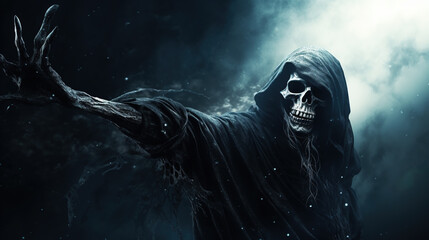 Fototapeta na wymiar Grim reaper or Death reaching for his victim over dark background with copy space. Halloween Party background