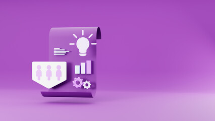 Concept infographics. Business concept with clipboard paper, steps or processes, bar graphs and light bulb idea on purple background. 3d rendering