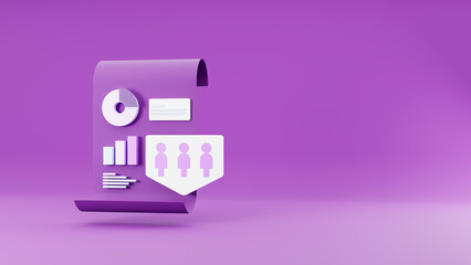 Concept infographics. Business concept with clipboard paper, steps or processes, bar graphs and people on purple background. 3d rendering