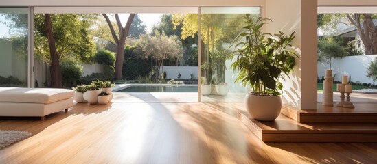 Fototapeta premium The modern and luxurious house, designed by an architect, features a white interior with wooden floors, marble bathroom, and large windows that provide ample natural light, creating a health-promoting