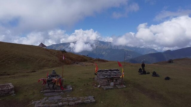 Ascending drone footage of Bedni Bugyal meadow near near Wan village in Chamoli, Uttarakhand, India