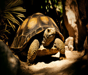 "Pinta Island Tortoise: Majestic survivor of Galápagos, this ancient giant roams sun-kissed landscapes—a living relic, embodying resilience and the untamed spirit of evolution."