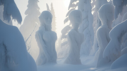 Morning in a snowy forest and snow sculptures of magical winter fairies - obrazy, fototapety, plakaty
