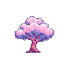 Blossoming pixel tranquility sakura tree illustration in retro digital, pixel art 