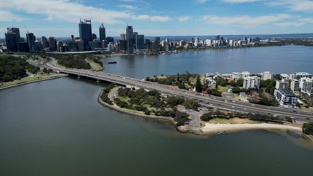 Aerial shot of Narrows Bridge, Perth, WA. The bridge crosses Swan River and joins Mill Point and Point Lewis.