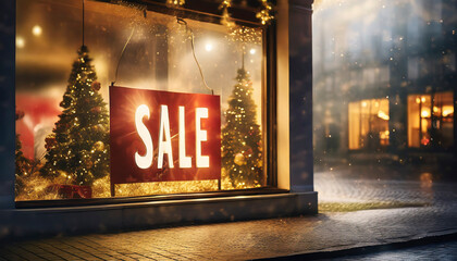 Store window with sale sign at night, Christmas shopping - obrazy, fototapety, plakaty