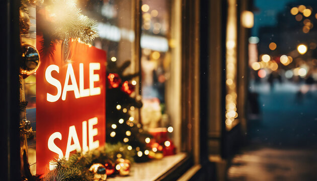 Store window with sale sign at night, Christmas shopping
