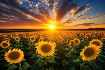 Fototapeta premium Golden Sunset Over Sunflower Field