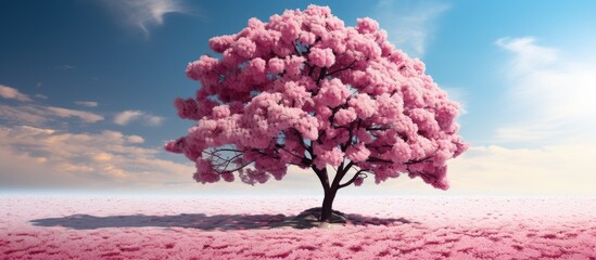 In the picturesque cherry background, a majestic cherry tree stands tall, adorned with vibrant leaves, inviting passerby to admire its beauty. - obrazy, fototapety, plakaty