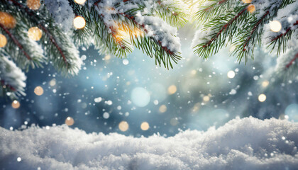 Christmas tree branches and falling snow background
