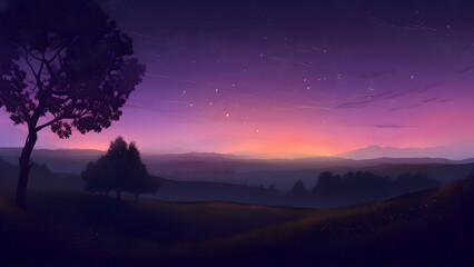 Fototapeta na wymiar Pink Night landscape with purple sky, trees with stars