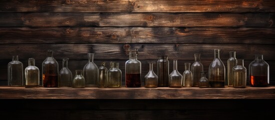 The vintage wood and metal background, isolated in nature, perfectly complements the retro design of the interior, where the scent of smoke and old medicine lingers, reminiscent of an old pharmacy - obrazy, fototapety, plakaty