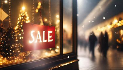 Store window with sale sign and holiday decoration at night, Christmas shopping