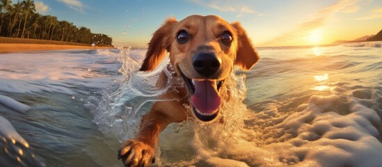 As the summer sun beamed down on the tropical beach, a cute dog bounded through the sparkling waves, running with pure joy and splashing water everywhere, enjoying the freedom of nature in the embrace - obrazy, fototapety, plakaty