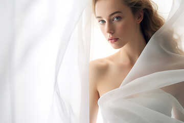 Closeup portrait of a A young model, dressed in a flowing white dress, stands against a pure white backdrop. - obrazy, fototapety, plakaty