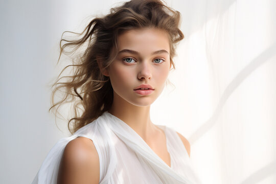 Closeup portrait of a A young model, dressed in a flowing white dress, stands against a pure white backdrop.