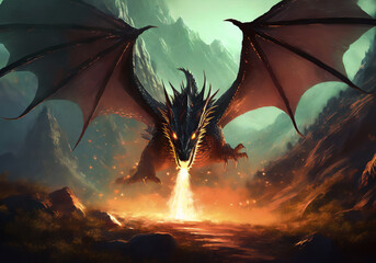 thorny black dragon flying while opening its wings and spraying fire from its mouth - obrazy, fototapety, plakaty