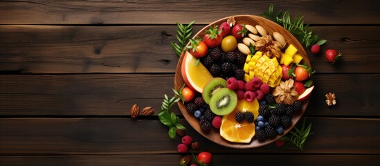 From a top view, the wooden plate presented a colorful assortment of organic, healthy snacks, showcasing the natural beauty of the plant-based fruits against the backdrop of a rustic wood background