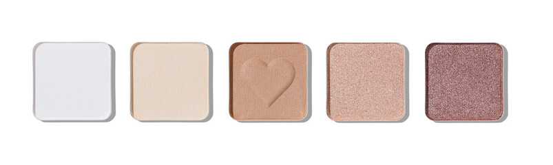 Top view set of eye shadow natural neutral swatches isolated with translucent shadow, in metal...