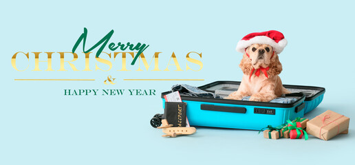 Greeting banner for Merry Christmas and Happy New Year with cute dog, suitcase, flippers, travel accessories and gifts