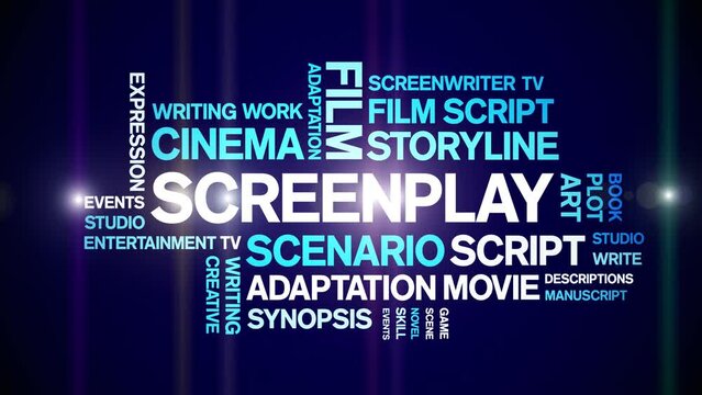 Screenplay animated tag word cloud;text design animation kinetic typography seamless loop.