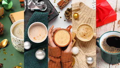 Fototapeta na wymiar Collage of sweaters with Christmas decorations, gifts and cups of coffee