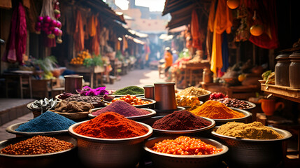 Naklejka premium spices at the market, Colors of the Orient Sunset Closeup of Exotic Spice Medley