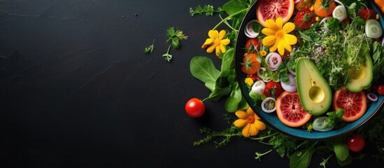 From a top view, a vibrant green salad made with organic vegetables and natural ingredients is a summer delight, blending the essence of nature, health, and nutrition into a gourmet cuisine that