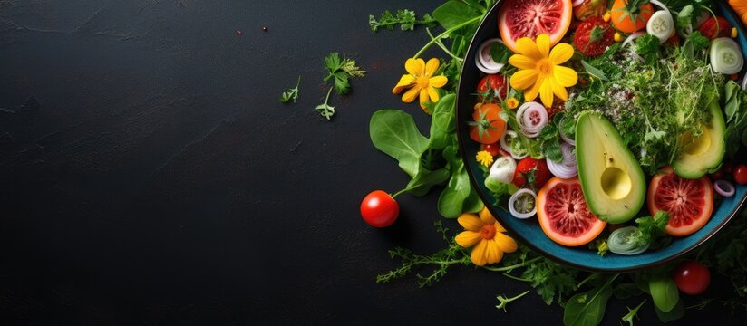 From a top view, a vibrant green salad made with organic vegetables and natural ingredients is a summer delight, blending the essence of nature, health, and nutrition into a gourmet cuisine that