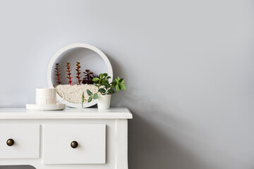 Houseplant, florarium and cup on table near white wall