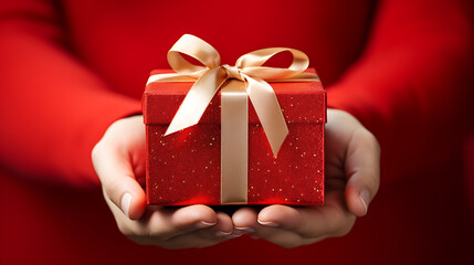 Woman hands holding a red gift box with gold ribbon. Closeup.