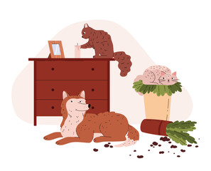 Dog and cats, pets made a mess at home, vector cartoon illustration.