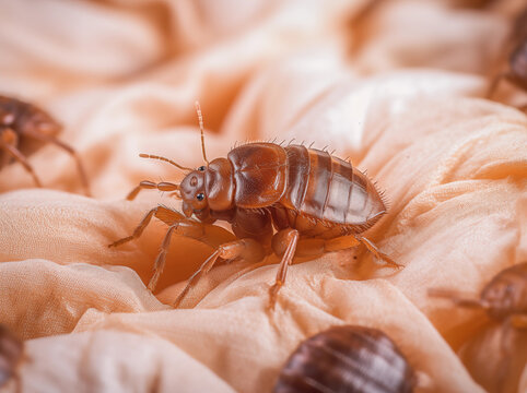 extreme close up of a bed bug lying on a bed