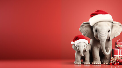 Elephant in Santa Costume, Cute Christmas Wildlife.Created with Generative AI technology.