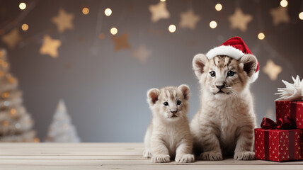 Christmas tigers in santa costume. festive holiday animal.Created with Generative AI technology.