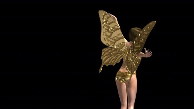 Dancing Showgirl - Golden Butterfly - Passing Screen Transition - 01 - Alpha Channel - Artistic 3D animation isolated with alpha channel on transparent background
