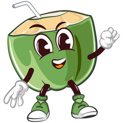 coconut drink character mascot with a straw with a cute healthy face doing stretching, isolated cartoon vector illustration. emoticon, cute coconut mascot