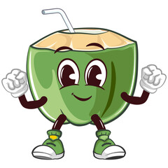 coconut drink character mascot with a straw with a cute healthy and vibrant face, isolated cartoon vector illustration. emoticon, cute coconut mascot