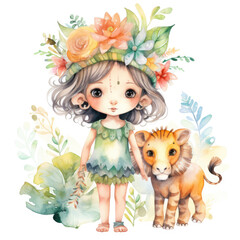 Safari Animal set little fairie in colorful dresses Illustration, Generative Ai