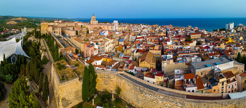 Aerial view of the Primatial Cathedral of Tarragona, a Roman Catholic church in Tarragona, Catalonia, Spain