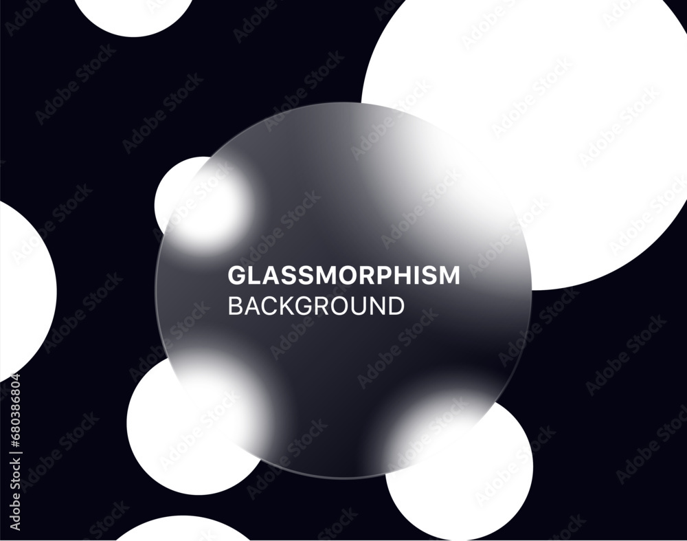 Poster glassmorphism background banner with transparent glass frame template . Realistic Frosted glass morphism effect with blurred abstract white circle shapes. Vector illustration