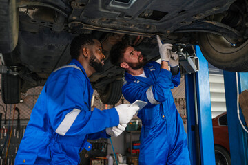 Auto mechanic in blue uniform are repair and maintenance auto engine is problems at car repair...