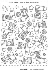 Search, find, count, color game, puzzle or activity: Count socks. Count fir trees. Count stars. Answer included.
